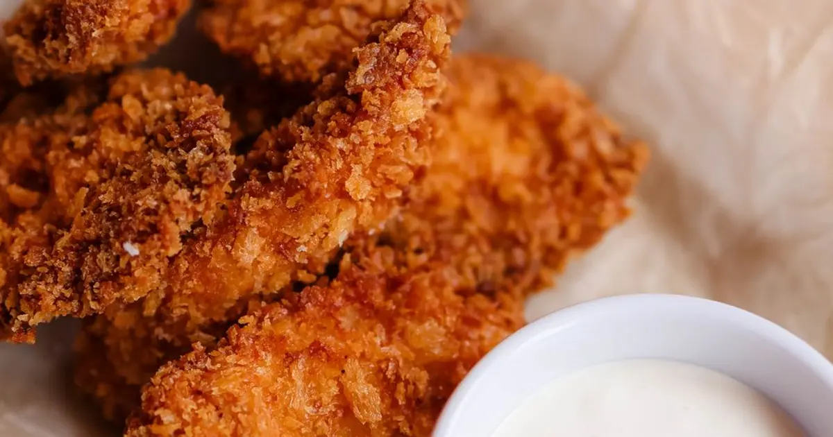 Crispy chicken tenders with a creamy dipping sauce - Wingstop dips: ranch, bleu cheese, honey mustard and cheese sauce